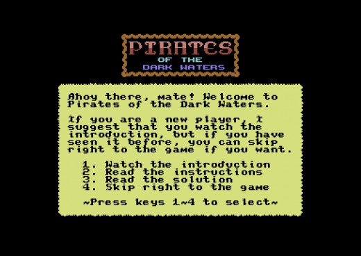 The Pirates of Dark Waters V2, přeleštěná textovka pro Commodore 64